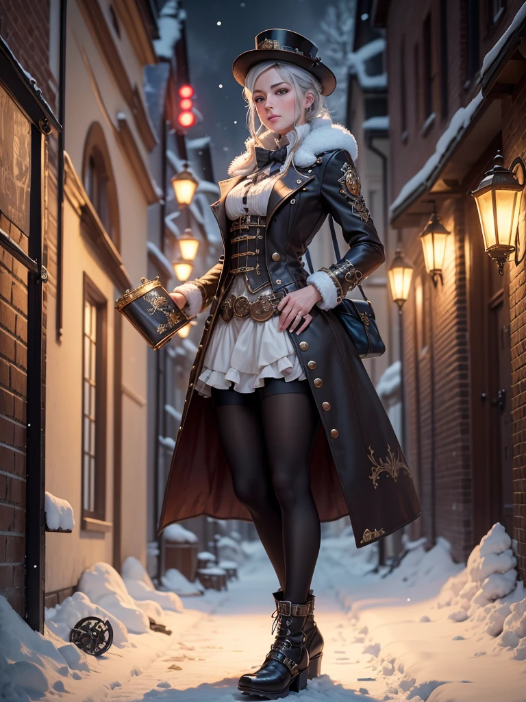 Full body portrait, Steampunk Weihnachtsmann mit Schlitten, Beautiful, detailreiches Weihnachtsfest, Schnee, Nacht, Szene, Dynamische Leuchten, Fotorealismus, shiny, Hohe Detailgenauigkeit, Ultra-detailliert, 4 k., Steampunk-Stil