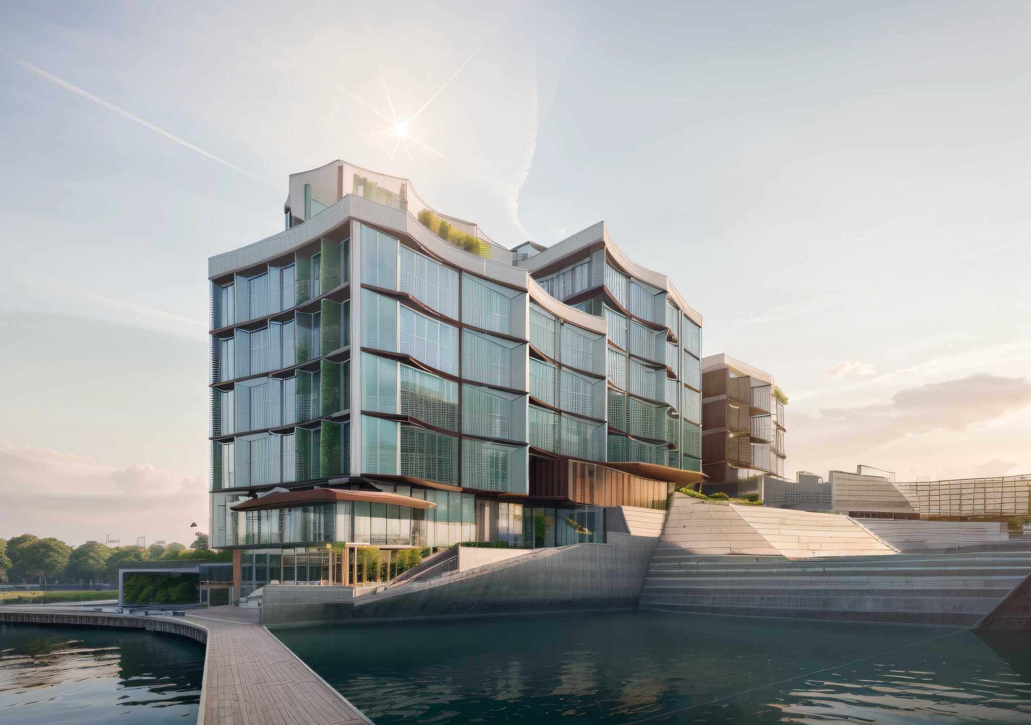 a beautiful rendering of a commercial district nearby lake, rolling mountains, (low-rise buildings with wood and green roofs near the water), designed by SOM and OMA and SASAKI, [[an amazing museum designed by Zaha nearby water]], Headquarters of the world's top companies designed by apple, beautiful park and landscape in front of water with people activity, [abundant aquatic plants and birds and kayaks in river], [water sports], [[clear sky and sunlight]], [reflection], [[hyper detailed]], architecture rendering, modern architecture, 8k, Vray render, [shenzhen China], [sunset], clouds, 35mm photography, urban design, [reality effect], Nature, [regular lines], simple geometry