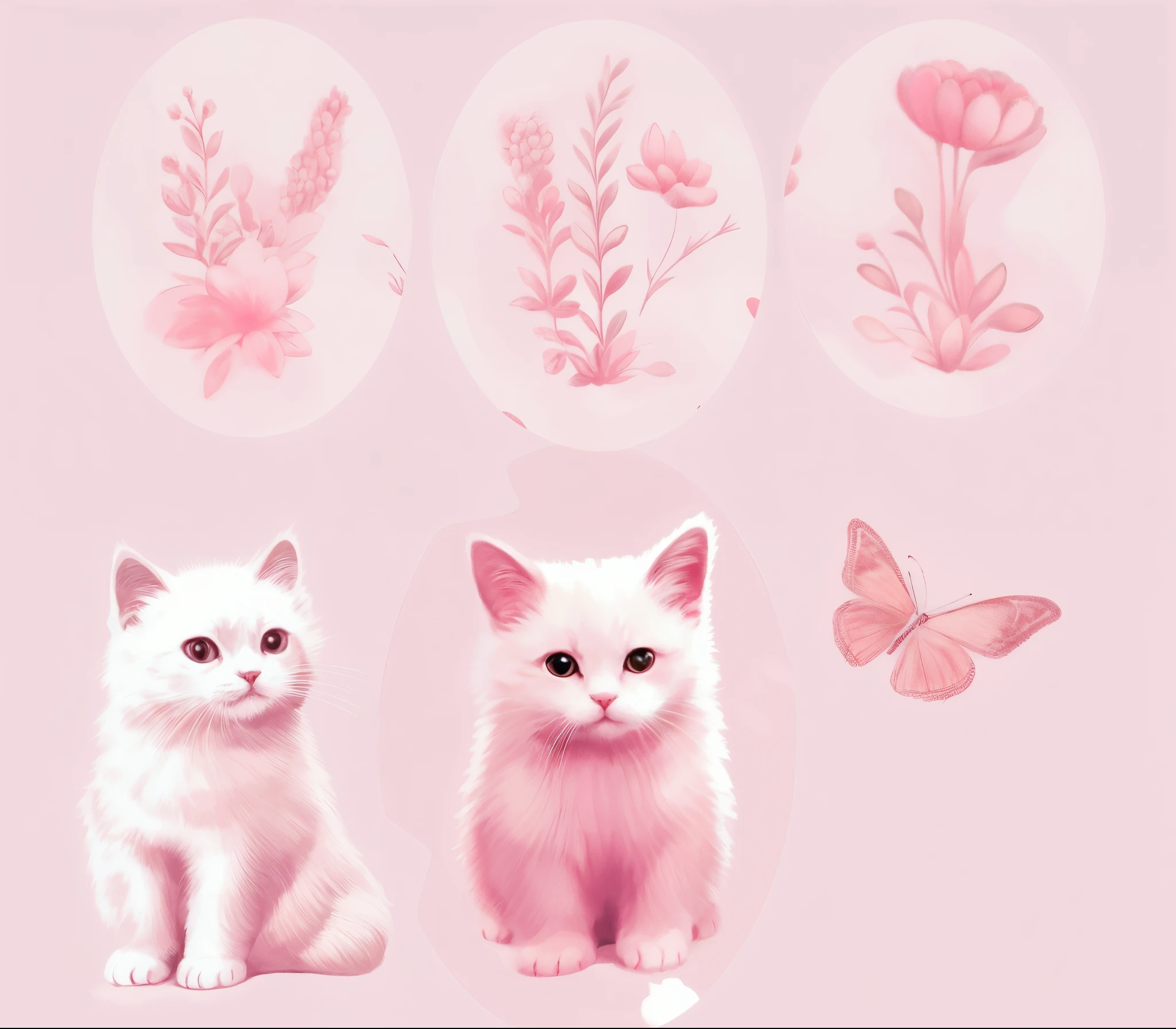 existem quatro fotos diferentes de um gato e uma borboleta, gatos bonitos, arte digital bonito, GatosGatosGatos, Gatos, painting digital adorable, fundo cor-de-rosa, Gato. pintura digital, arte digital detalhada bonito, design do gato, rosa pastel, tons de rosa, gatinhos bonitos, gato detalhado, gatinho, tonalidades rosa claro, Gatinhos, Gato, lindo e bonito