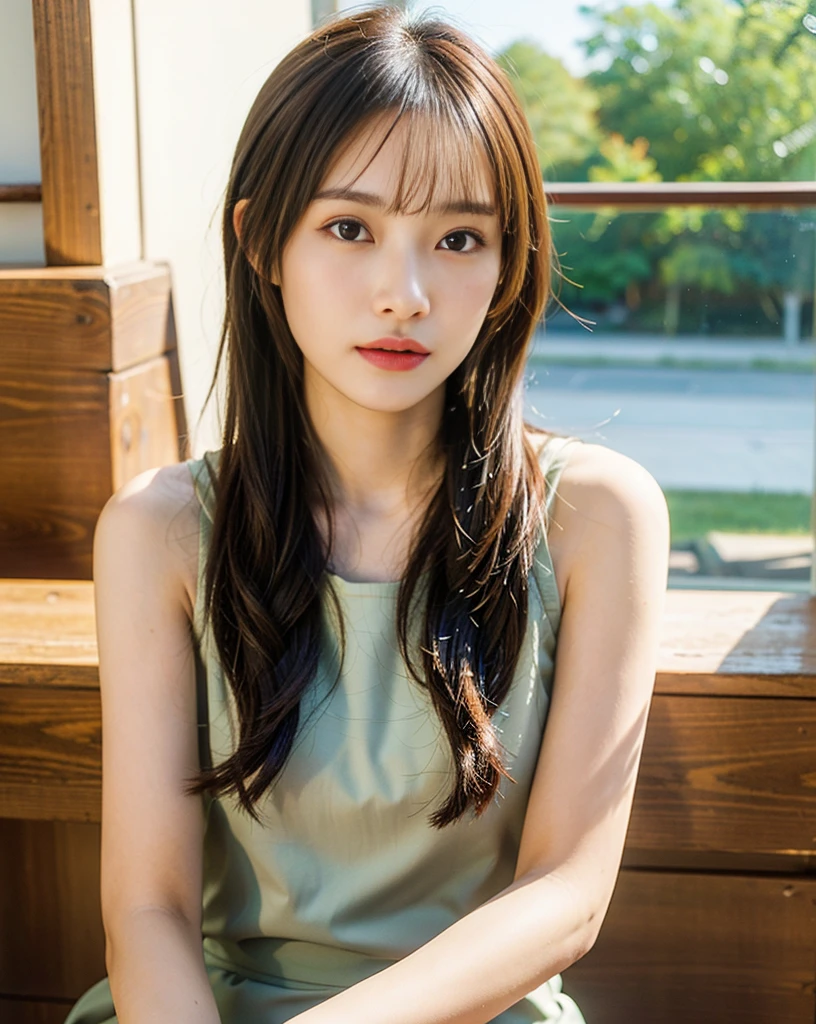 (masterpiece:1.5)、(8K)、(Photorealsitic:1.5)、Raw photography、(Top image quality:1.4)、(foco nítido:1.5)、 top-quality、masterpiece、超A high resolution、very detailed and professional lighting、 23 years old、slender、prety woman:1.4、serious facial expression、 In the living room where the morning sun shines、Benches、autumnal、randome pose、 dressed casually、 light brown hair、poneyTail、Glowing hair、 Super Detail Face、A detailed eye、二重まぶた、 Natural Color Lip、Transparent skin、Slim Faces
