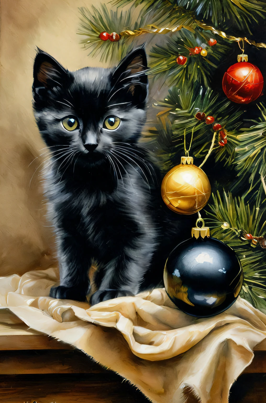 Painting with a black kitten, I'm sitting next to the Christmas tree, by Dechko Uzunov, oil painting of a kitten, Nikita Veprikov, Lisa Parker, by Maksimilijan Vanka, by Marie Bashkirtseff, In a painting depicting a cat, Vladimir Novak, Eugene Zak, Elina Karimova