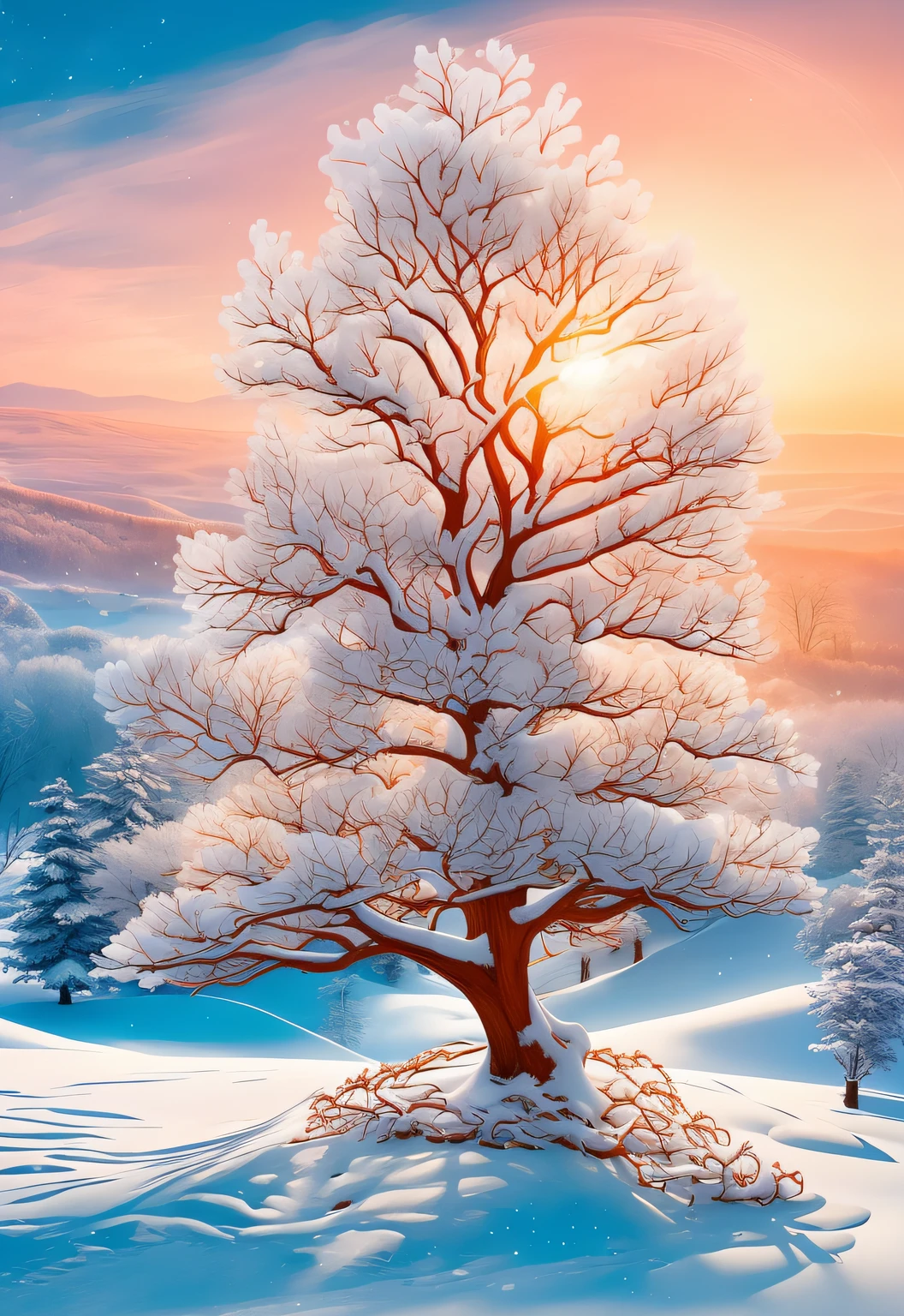 snowy scene with tree in foreground and sunset in background, Winter Fantasy Scene, by Igor Grabar, Beautiful wallpapers for iPhone, Warm beautiful scene, Beautiful tree, beautiful digital artwork, Highly detailed digital graphics, Winter environment, The Fantasy Tree, beautiful digital art, Very beautiful digital art, winter painting, by Alexander Kucharsky, Snowy hill at dawn