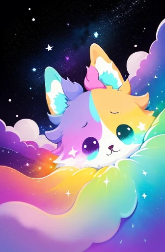 corgi, fluffy, adorable, big eyes, (pastel color scheme:1.2), bold outlines, sticker, hearts, stars, liquid color swirls, color dripping goo, (colorful ink painting:1.2), Needle Galaxy, Twin Jet Nebula, Denebola Star,