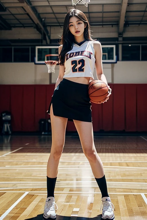 Slender Asian girl, K-pop idol, ((basketball girl)), ((top-quality, 8K, tmasterpiece: 1.3)), lock focus: 1.2, Beautiful Women with Perfect Figure: 1.4, Detailed depiction of facial and skin textures, 詳細な目, skiny, beauitful face, Symmetrical face, whole-length, Thigh thick, Engraving installation, basketball playground,White stockings ,tight cheerleaders