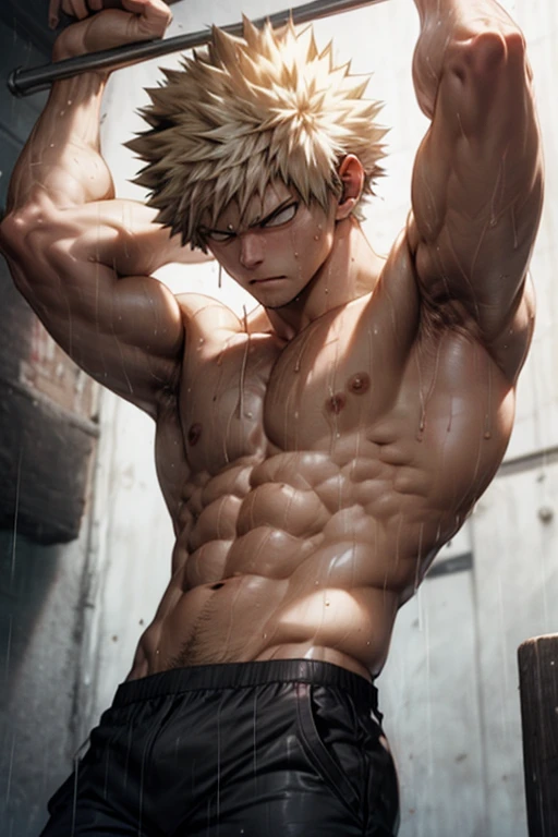 Bakugou Katsuki doing pull-ups on a pull-up bar, bare chested pecs and washboard abs, intense rain, wet sweating body, sweating heavily, black trousers. Muscular body, headphones on ears, darkness