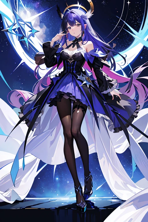 ((tmasterpiece:1.4,Best quality))++,(hyper-detailing)+,(Best quality,hyper-detailing,vibrant with colors,rich colourful,dynamic angle,hight contrast:1.2),one-girl,Height about 159cm ,,Alone, Collar, As estrelas (symbol), long whitr hair, Long blue-purple hair, Shawl hair,blue purple starry sky eyes, shinning eyes, jewely,M bangs, Blue, purple, black and pink dress(cover part of thigh),European,longer sleeves,No shoulders,There are ear feathers behind the ears,The bird,gentleness, The landscape, nigh sky, As estrelas (Skysky), starrysky, the night, En plein air, clouds, Reflectors, tarot cards,((Beautiful golden crystal star))beautiful silver stars,astrology, the space, flatchest,Black pantyhose(There are stars on it),Holding a European-style long-handled staff in his hand(hyper-detailing,Star element),Blue and purple high heels(short high heels),Draw the whole body,Fashionab, with dynamism, garments, posing on a, frontage, rich colourful, dyna, Background with, element in, self-assured, Expressing the, statement, fittings, A majestic, coil, Runt, Scenes, Cover of a, boldness, attention-grabbing,Fashionab, typeface, Catchy, attention-grabbing, modern day, Fashionab, focal, Fashionab,delicated face,exquisite facial features,