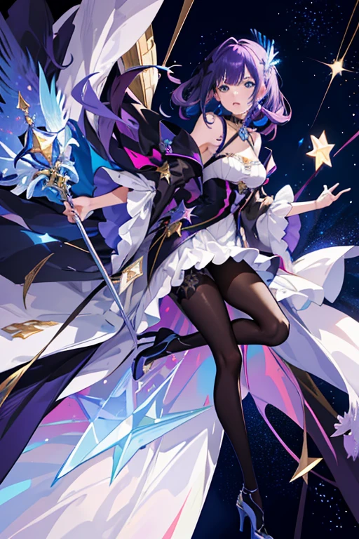 （（tmasterpiece：1.4，Best quality））++，（hyper-detailing）+，（Best quality，hyper-detailing，vibrant with colors，rich colourful，dynamic angle，hight contrast：1.2），one-girl,Height about 159cm ，，Alone, Collar, As estrelas (symbol), long whitr hair, Long blue-purple hair, Shawl hair,blue purple starry sky eyes, shinning eyes, jewely,M bangs, Blue, purple, black and pink dress（cover part of thigh）,European，longer sleeves，No shoulders，There are ear feathers behind the ears，The bird，gentleness， The landscape, nigh sky, As estrelas (Skysky), starrysky, the night, En plein air, ​​clouds, Reflectors, tarot cards,((Beautiful golden crystal star))beautiful silver stars,astrology， the space, flatchest，Black pantyhose(There are stars on it)，Holding a European-style long-handled staff in his hand（hyper-detailing，Star element），Blue and purple high heels（short high heels），Draw the whole body，Fashionab， with dynamism， garments， posing on a， frontage， rich colourful， dyna， Background with， element in， self-assured， Expressing the， statement， fittings， A majestic， coil， Runt， Scenes， Cover of a， boldness， attention-grabbing，Fashionab， typeface， Catchy， attention-grabbing， modern day， Fashionab， focal， Fashionab，delicated face，exquisite facial features，