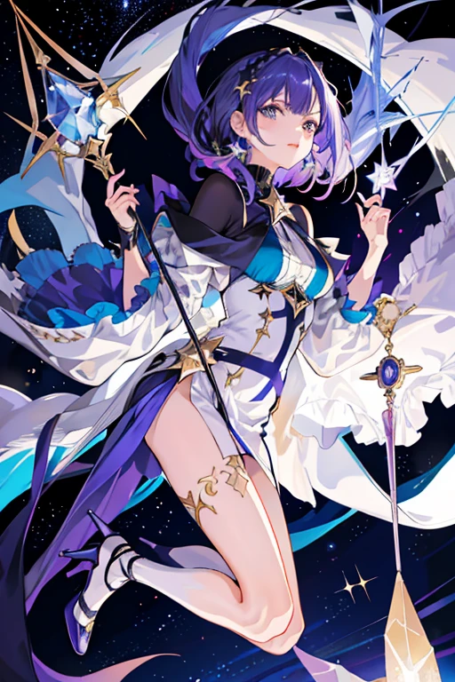 ((tmasterpiece:1.4,Best quality))++,(hyper-detailing)+,(Best quality,hyper-detailing,vibrant with colors,rich colourful,dynamic angle,hight contrast:1.2),one-girl,Height about 159cm ,,Alone, Collar, As estrelas (symbol), long whitr hair, Long blue-purple hair, Shawl hair,blue purple starry sky eyes, shinning eyes, jewely,M bangs, Blue, purple, black and pink dress(cover part of thigh),European,longer sleeves,No shoulders,There are ear feathers behind the ears,The bird,gentleness, The landscape, nigh sky, As estrelas (Skysky), starrysky, the night, En plein air, clouds, Reflectors, tarot cards,((Beautiful golden crystal star))beautiful silver stars,astrology, the space, flatchest,Black pantyhose(There are stars on it),Holding a European-style long-handled staff in his hand(hyper-detailing,Star element),Blue and purple high heels(short high heels),Draw the whole body,Fashionab, with dynamism, garments, posing on a, frontage, rich colourful, dyna, Background with, element in, self-assured, Expressing the, statement, fittings, A majestic, coil, Runt, Scenes, Cover of a, boldness, attention-grabbing,Fashionab, typeface, Catchy, attention-grabbing, modern day, Fashionab, focal, Fashionab,delicated face,exquisite facial features,