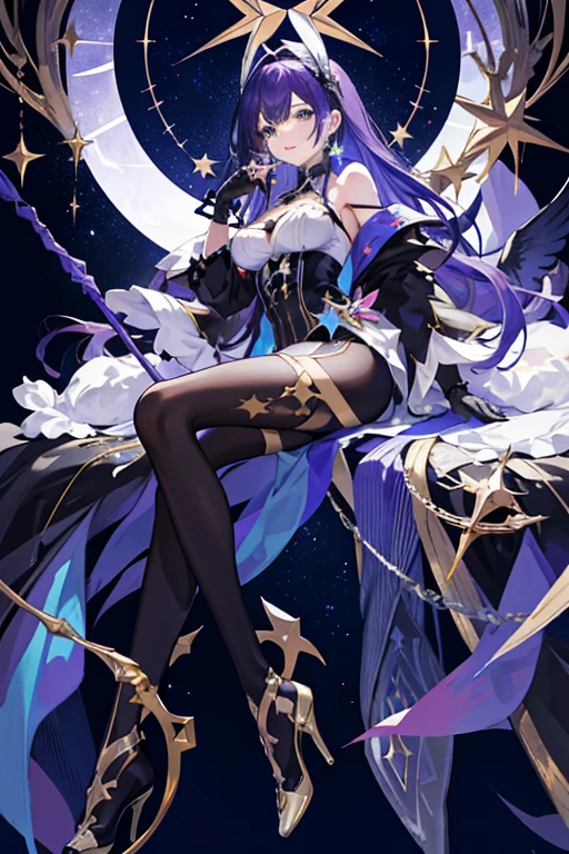 （（tmasterpiece：1.4，Best quality））++，（hyper-detailing）+，（Best quality，hyper-detailing，vibrant with colors，rich colourful，dynamic angle，hight contrast：1.2），one-girl,Height about 159cm ，，Alone, Collar, As estrelas (symbol), long whitr hair, Long blue-purple hair, Shawl hair,blue purple starry sky eyes, shinning eyes, jewely,M bangs, Blue, purple, black and pink dress（cover part of thigh）,European，longer sleeves，No shoulders，There are ear feathers behind the ears，The bird，gentleness， The landscape, nigh sky, As estrelas (Skysky), starrysky, the night, En plein air, ​​clouds, Reflectors, tarot cards,((Beautiful golden crystal star))beautiful silver stars,astrology， the space, flatchest，Black pantyhose(There are stars on it)，Holding a European-style long-handled staff in his hand（hyper-detailing，Star element），Blue and purple high heels（short high heels），Draw the whole body，Fashionab， with dynamism， garments， posing on a， frontage， rich colourful， dyna， Background with， element in， self-assured， Expressing the， statement， fittings， A majestic， coil， Runt， Scenes， Cover of a， boldness， attention-grabbing，Fashionab， typeface， Catchy， attention-grabbing， modern day， Fashionab， focal， Fashionab，delicated face，exquisite facial features，