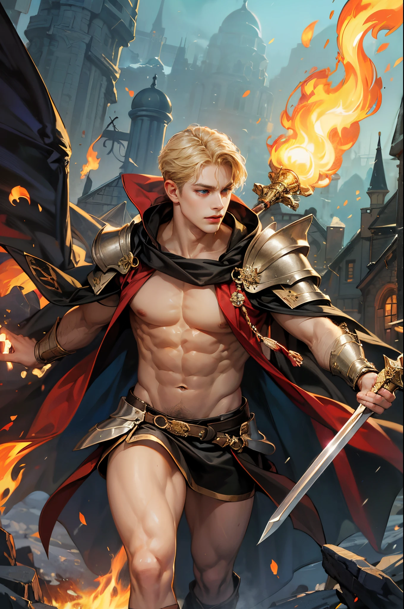 (absurdres, highres, ultra detailed, best quality, 8k, HDR), 1boy, solo, adult, handsome, ((tall muscular guy, broad shoulders)), finely detailed eyes, ((short blonde hair)), hair between eyes, forehead, ice blue eyes, magical spell, fantasy armor, (revealing armor, long cloak), (abs, sixpack, nsfw), sword, from waist, face focused, in the middle of war, in action, dynamic pose, running high speed, fantasy scenery, flames, weapons, war amidst in the background, closed mouth, looking away, ((depth of fields))