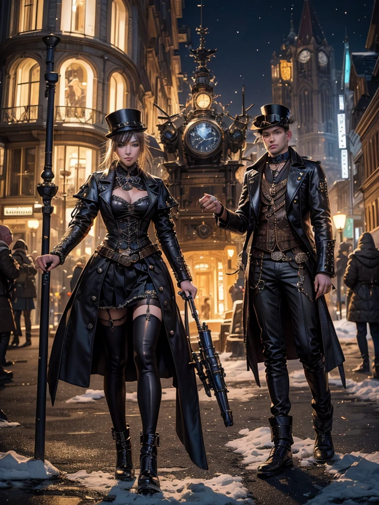 an undead woman in a steampunk uniform in the foreground searches a street of a semi-abandoned gothic village, next to her some grotesque and surreal undead characters