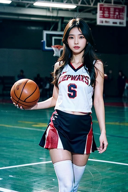 Slender Asian girl, K-pop idol, ((basketball girl)), ((top-quality, 8K, tmasterpiece: 1.3)), lock focus: 1.2, Beautiful Women with Perfect Figure: 1.4, Detailed depiction of facial and skin textures, 詳細な目, skiny, beauitful face, Symmetrical face, whole-length, Thigh thick, Engraving installation, basketball playground,White stockings ,Nervous cheerleaders