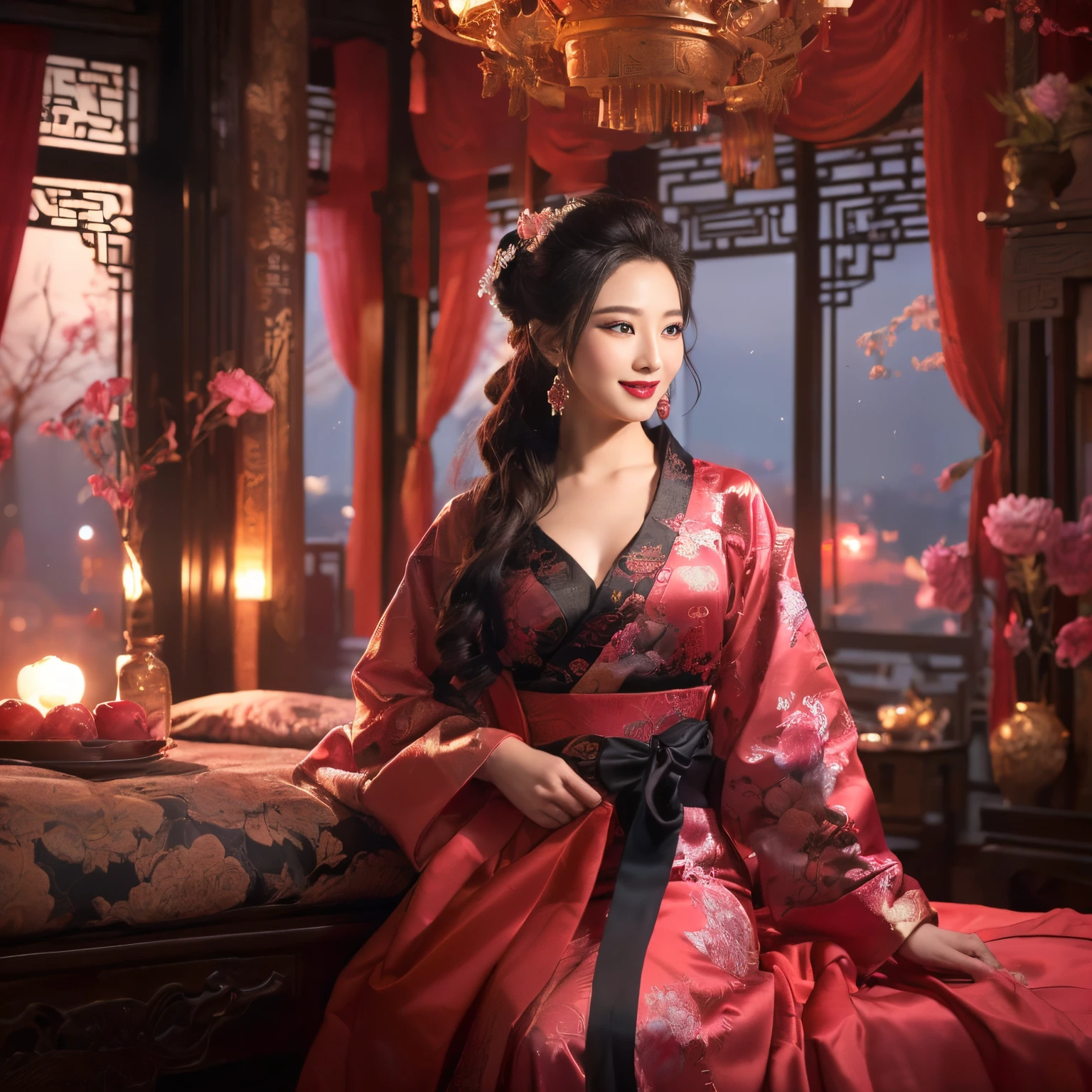 ((top-quality、masutepiece、8K、Top image quality、Highly complex and detailed depictions))、(Upper body of a Chinese princess:1.1)、((chinese hair ornaments、Traditional Chinese Hanfu、Princess wearing red and pink traditional Chinese hanfu、(red and pink room:1.3)、long furisode、Unimaginably luxurious Chinese style princess bedroom、(You can see the night view of the city from the luxurious windows.:1.3)、(Luxury Chinese-style windows with intricate decorations:1.1)、(romantic midnight warm lighting:1.3)、(Dark Midnight:1.5)、(two tone lighting in dark midnight:1.2)、softlighting、spectacular movie lighting、The most luxurious red and pink Chinese style bedroom、(romantic dark night:1.5)、Very complex decoration、(Bed surrounded by huge beautiful pink curtains:1.2)、(View me、Biggest smile、Perfect makeup、long eyelashes、Red cheeks、eyeshadows、perfect anatomia、Biggest smile)、(accurate ???????:1.2)