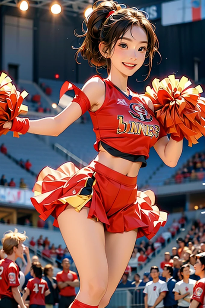 49ers cheerleader, gold and red, amazing cheering happy, smiles, holding pom moms