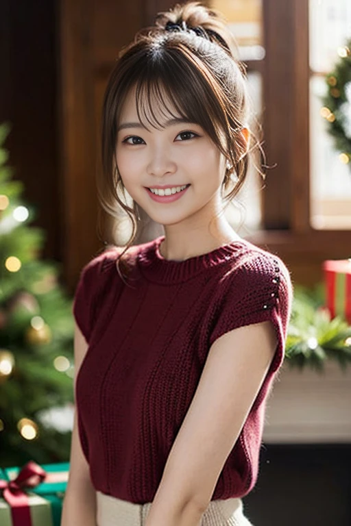 (8K、Raw photography、top-quality、masterpiece:1.2)、(Ponytail 1.1)、(realisitic、Photorealsitic:1.37)、ultra-detailliert、超A high resolution、1人、see the beholder、beautifull detailed face、A smile、Constriction、(Slim waist) :1.3)、Beautiful detailed skin、Skin Texture、Short、Floating hair、Professional Lighting、Whole human body、、Bob Hair、Happy smile、Childish smile、Suppin、knit、knit、Christmas