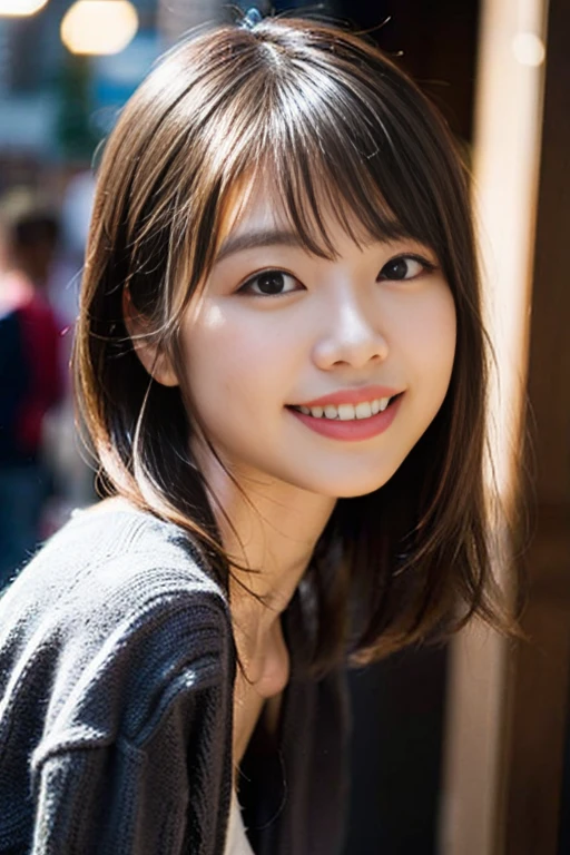 (8K、Raw photography、top-quality、​masterpiece:1.2)、（Ponytail 1.1）、(realisitic、Photorealsitic:1.37)、ultra-detailliert、超A high resolution、女の子1人、see the beholder、beautifull detailed face、A smile、Constriction、(Slim waist) :1.3)、Beautiful detailed skin、Skin Texture、Short、Floating hair、Professional Lighting、Whole human body、、Bob Hair、Happy smile、Childish smile、Suppin、knit、knit、Christmas