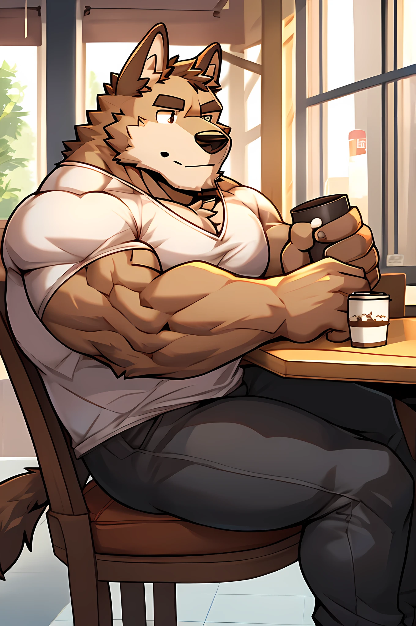 perro. musculatura. Sit in a chair. coffee mug. potable.
