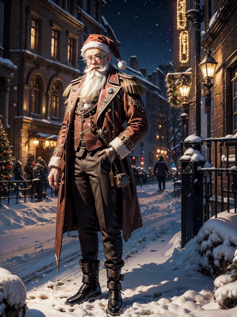 Full body portrait, Steampunk Santa Clause, Beautiful, detailreiches Weihnachtsfest, Schnee, Nacht, Szene, Dynamische Leuchten, Fotorealismus, shiny, Hohe Detailgenauigkeit, Ultra-detailliert, 4 k., Steampunk-Stil,Christmas