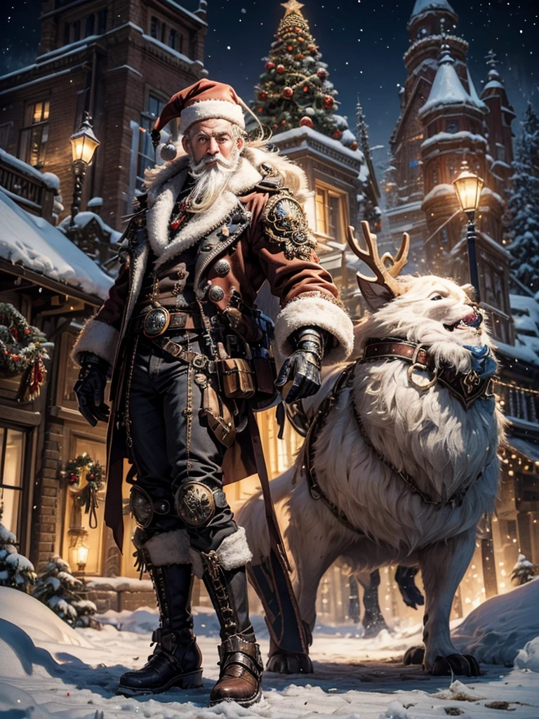 Full body portrait, Steampunk Santa Clause, Beautiful, detailreiches Weihnachtsfest, Schnee, Nacht, Szene, Dynamische Leuchten, Fotorealismus, shiny, Hohe Detailgenauigkeit, Ultra-detailliert, 4 k., Steampunk-Stil,Christmas