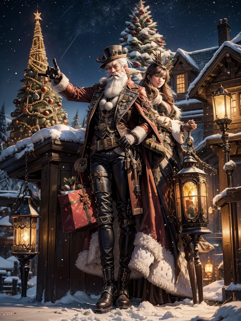 Full body portrait, high detailed Steampunk Santa Clause, Beautiful, detailreiches Weihnachtsfest, Schnee, Nacht, Szene, Dynamische Leuchten, Fotorealismus, shiny, Hohe Detailgenauigkeit, Ultra-detailliert, 4 k., Steampunk-Stil,Christmas