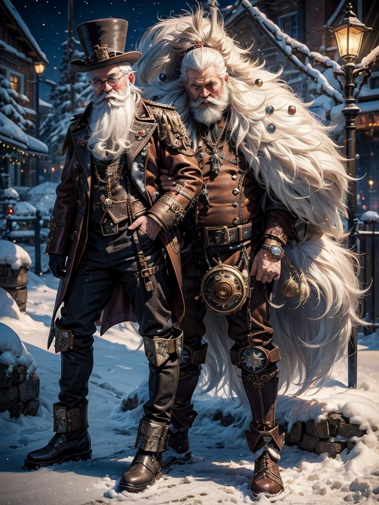 Full body portrait, Steampunk Santa Clause, Beautiful, detailreiches Weihnachtsfest, Schnee, Nacht, Szene, Dynamische Leuchten, Fotorealismus, shiny, Hohe Detailgenauigkeit, Ultra-detailliert, 4 k., Steampunk-Stil,Christmas