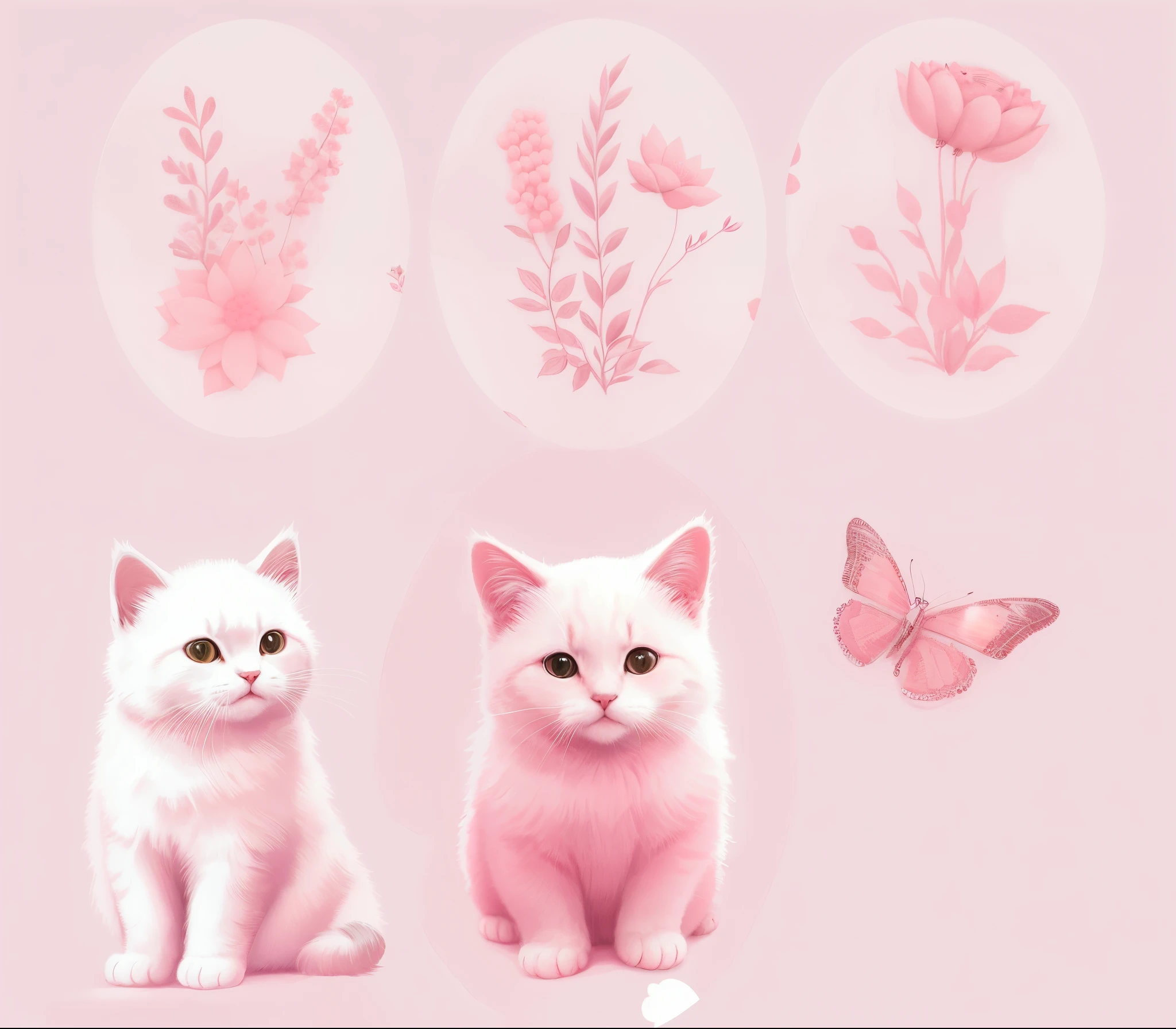 existem quatro fotos diferentes de um gato e uma borboleta, gatos bonitos, arte digital bonito, GatosGatosGatos, Gatos, painting digital adorable, fundo cor-de-rosa, Gato. pintura digital, arte digital detalhada bonito, design do gato, rosa pastel, tons de rosa, gato detalhado, gatinhos bonitos, gatinho, tonalidades rosa claro, Gatinhos, Gato, lindo e bonito