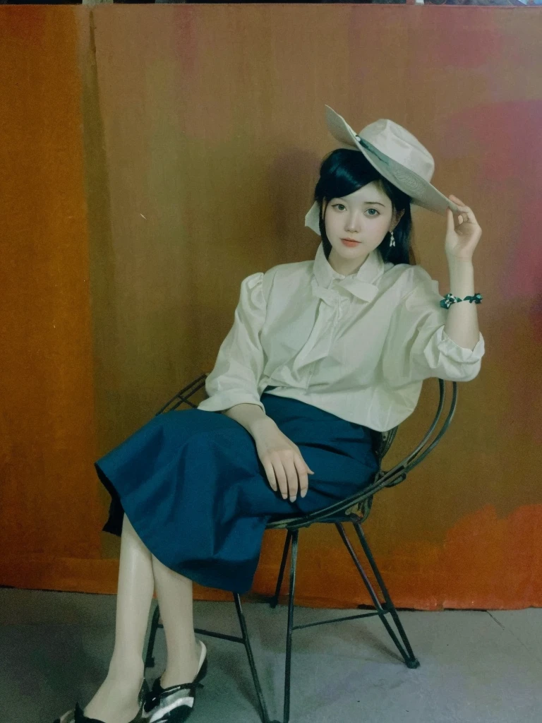 arafed woman sitting in a chair with a hat on her head, old color photo, old color photograph, old picture, vintage color photo, potrait, old style photo, photo taken in 2 0 2 0, unknown location, old photo, woman posing, photo portrait, grainy vintage, around 1 9 years old, 1960s color photograph