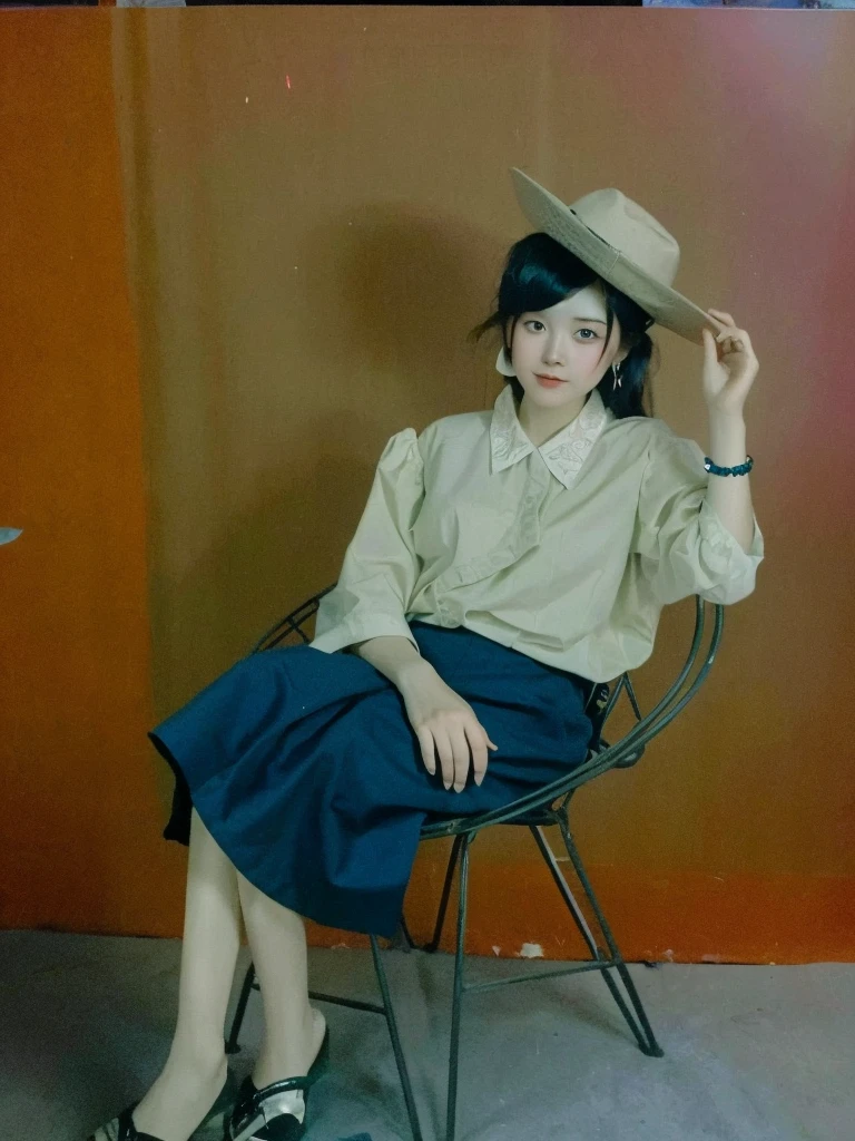 arafed woman sitting in a chair with a hat on her head, old color photo, old color photograph, old picture, vintage color photo, potrait, old style photo, photo taken in 2 0 2 0, unknown location, old photo, woman posing, photo portrait, grainy vintage, around 1 9 years old, 1960s color photograph