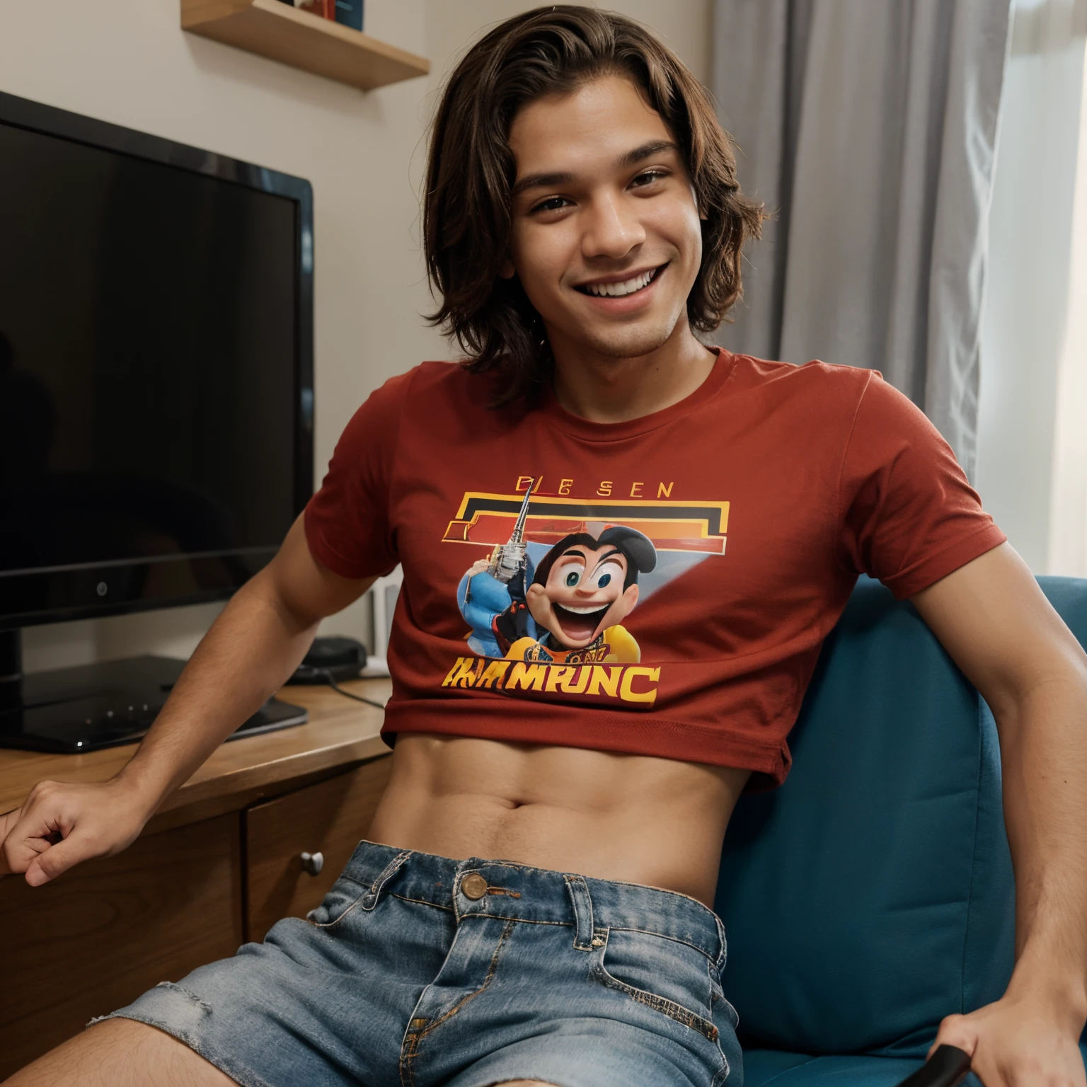 Menino de 12 anos com camisa vermelha com.um raio no meio segurando videogame e um sorrizo estilo disney pixar