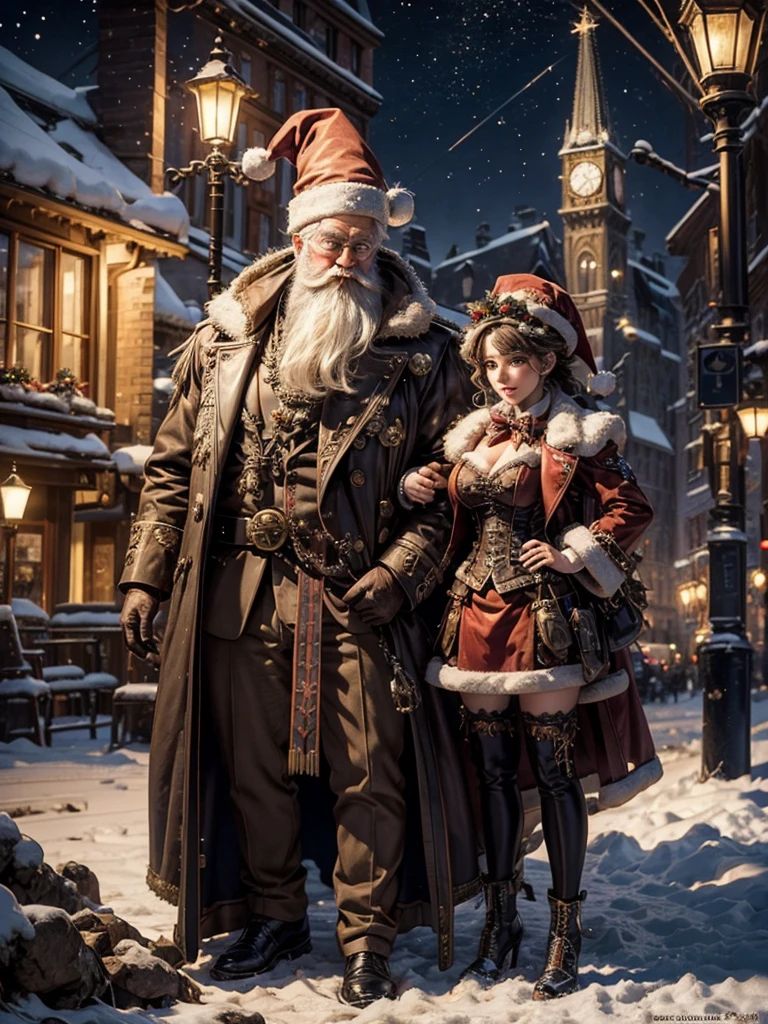 Full body portrait, high detailed Steampunk Santa Clause, Beautiful, detailreiches Weihnachtsfest, Schnee, Nacht, Szene, Dynamische Leuchten, Fotorealismus, shiny, Hohe Detailgenauigkeit, Ultra-detailliert, 4 k., Steampunk-Stil,Christmas
