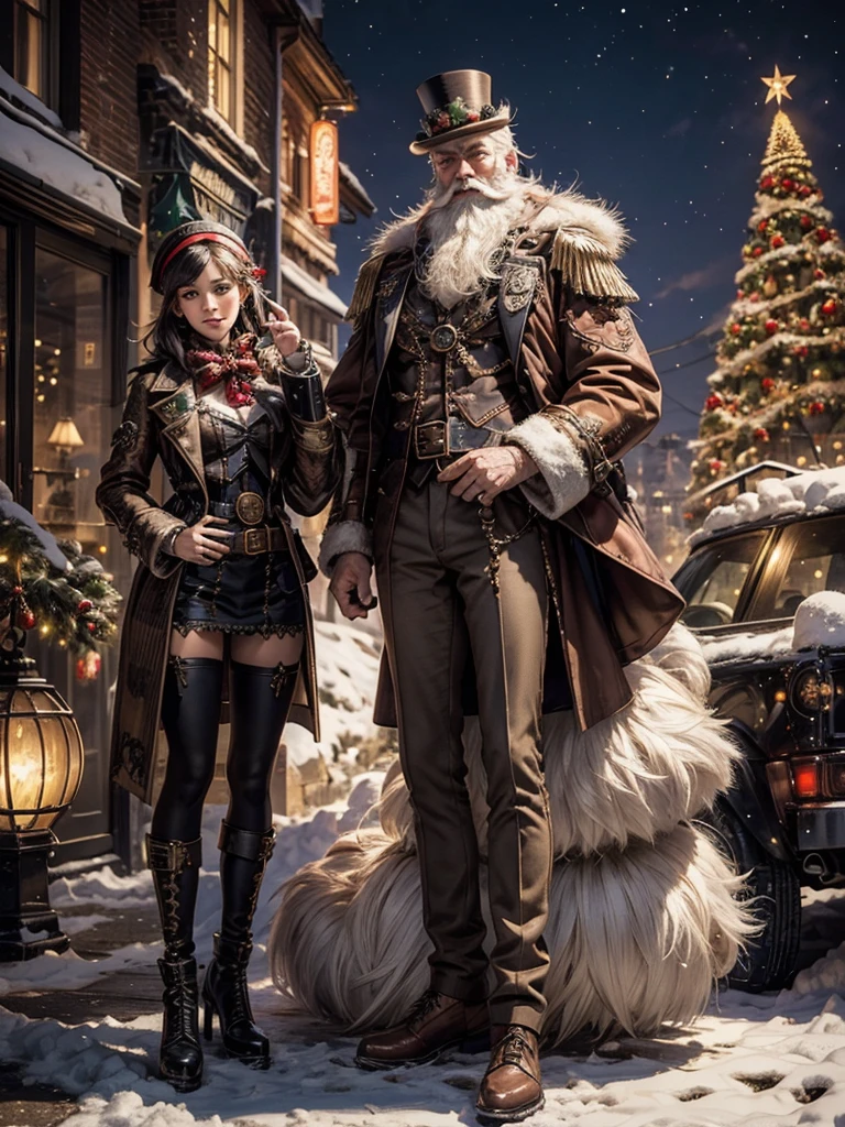 Full body portrait, high detailed Steampunk Santa Clause, Beautiful, detailreiches Weihnachtsfest, Schnee, Nacht, Szene, Dynamische Leuchten, Fotorealismus, shiny, Hohe Detailgenauigkeit, Ultra-detailliert, 4 k., Steampunk-Stil,Christmas