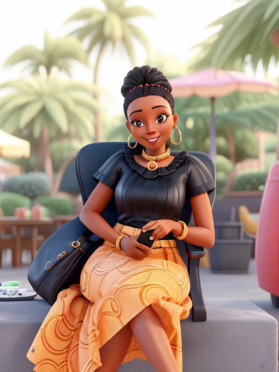 Disney pixal cartoon type b there is a woman sitting in a chair with a cell phone, photo of a black woman, on a bright day, vacation photo, no watermarks, 30 years old woman, 3 0 years old woman, african domme mistress, gorgeous lady, having a great time, wearing an african dress, sparkling in the sunlight, in style of nadine ijewere 3d image