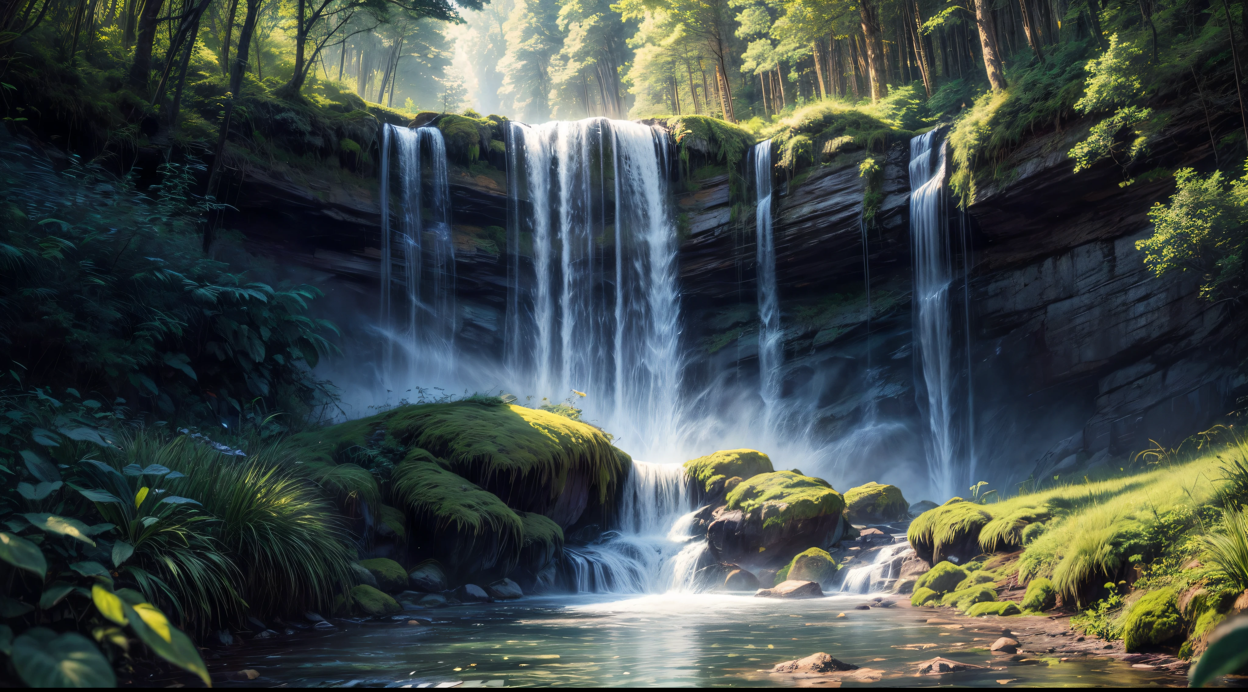 waterfall in forêt, colourfull,immensity,with bright light,3Dvrai,Cinematic Coloring Pages