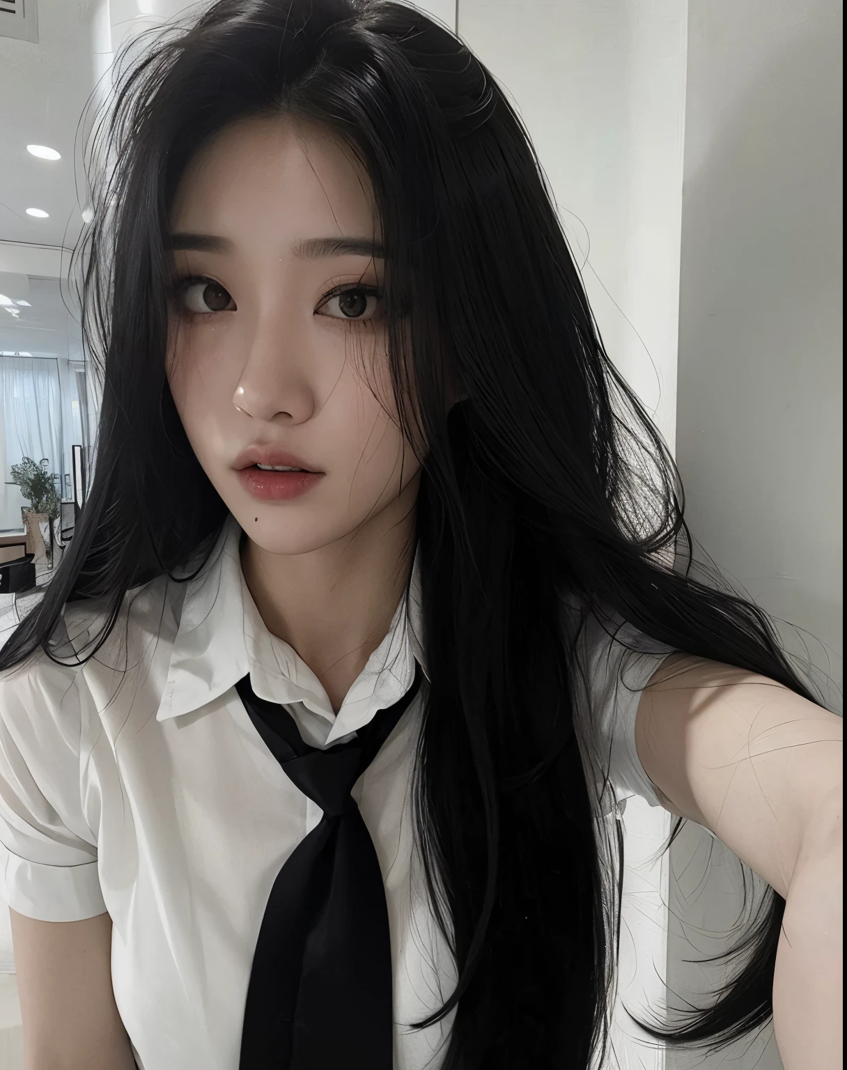 There's a woman with long black hair wearing a tie, Ulzzang, Jaeyeon Nam, menina coreana, cruel korean goth girl, com cabelos longos, Mulher sul-coreana bonita, Heonhwa Choe, Jinyoung Canela, Sakimichan, Ela tem cabelo preto com franja, com longos cabelos pretos, linda mulher coreana jovem, Mulher coreana, com longos cabelos escuros