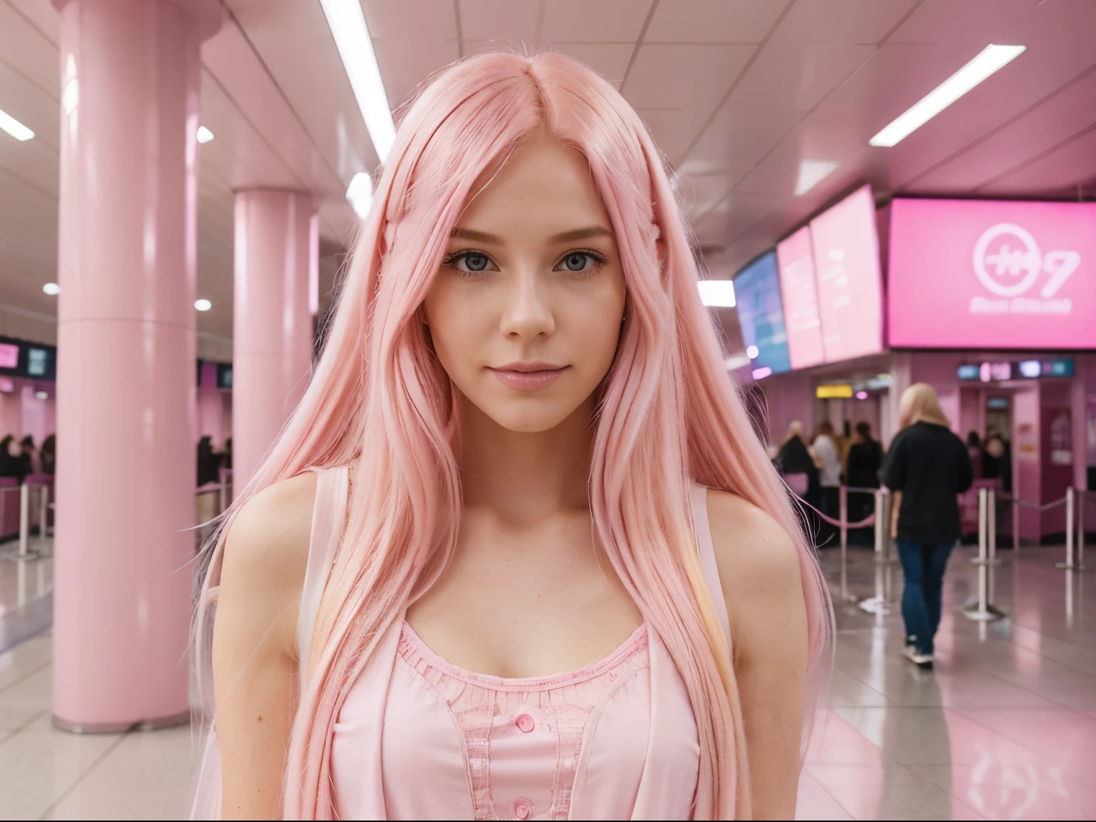 blond woman with pink hair in a pink dress in an airport, long flowing pink hair, flowing pink hair, long pink hair, long light pink hair, light pink hair, pink wispy hair, pastel light pink very long hair, long hair with pastel colors, with pink hair, cinematic pastel lighting, soft portrait shot 8 k, color portrait, color photograph portrait 4k
