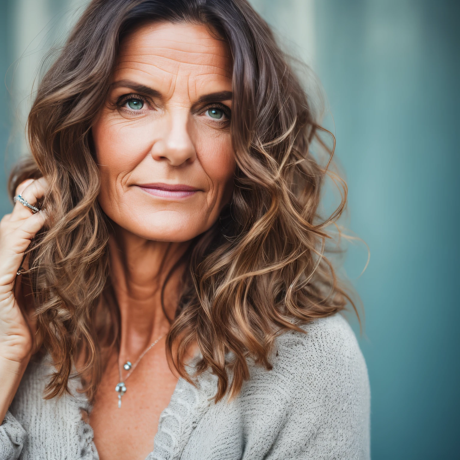 Tips: portrait, woman, 47 years old, pretty, French, brown short wavy hair, (pimples:0.8), cuddly, flickr, 4k, canon eos r3 (and variations of that)
