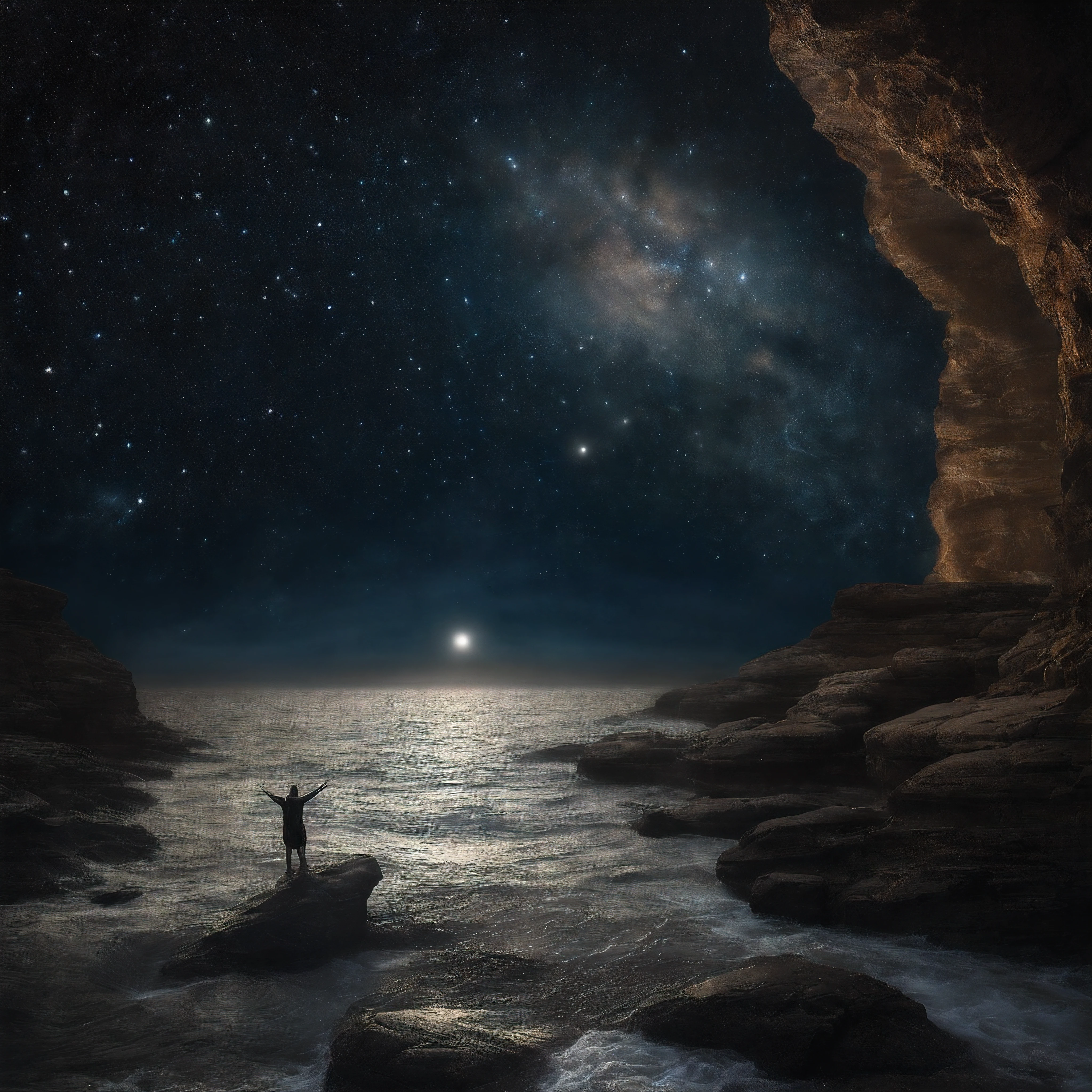 "In the beginning God created the heavens and the earth. And darkness was upon the face of the deep, and the Spirit of God moved upon the waters. Then God said, Let there be light, and there was light."
A mesmerizing sky of stars, gazing intensely into the void, shimmering like the first light of creation. Beneath lies the surface of the waters, the deep from which land shall emerge. The Spirit of the Lord moves across this primeval sea, immense and unknowable as the firms of heaven.
To the right a simple wooden boat bobs atop the waters, steadied by a bearded man gazing upward, witnessing the majesty of the lights above. His eyes reflect the glimmering stars, three brighter spheres presiding over galaxies of celestial fires.
To the left a great winged creature takes shape amongst the constellations, as if the Creator has etched its flowing form into the very arrangement of the night sky.
This scene evokes the awe and wonder of newly made world, when the Earth was without form, and all that had been made was the radiance above, the watchful deep, and the Spirit who moved between. We glimpse creation not yet completed, and marvel at its mystery and promise