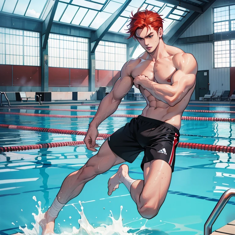 male people, male people, hairy, red hair clothing, European, Flexible, pale-skinned, perspired,  Indoor pool, swimmer, Wear tight swimming trunks, bathing suit, Full body lesbian, Barefoot, big feet, White  socks, Alone, 1人, jogging, Only in his underwear, Shirtless, Bare-chested, tight underwear, , steaming air, Sweated, Hot, sexy for,  Sunshine Man,Stand by the pool, Jump into the water