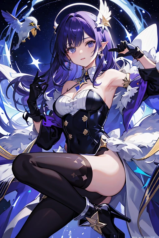 ((tmasterpiece:1.4,Best quality))++,(hyper-detailing)+,(Best quality,hyper-detailing,vibrant with colors,rich colourful,dynamic angle,hight contrast:1.2),one-girl,Height about 158cm ,The left eye wears a dark purple eyepatch ,Alone, Collar, As estrelas (symbol), long whitr hair, Long blue-purple hair, Shawl hair,blue purple starry sky eyes, shinning eyes, jewely,M bangs, Blue, purple, black and pink dress,cropped shoulders,longer sleeves,European,There are ear feathers behind the ears,The bird,Secondary disease, The landscape, nigh sky, As estrelas (Skysky), starrysky, the night, En plein air, clouds, Reflectors, tarot cards,((Beautiful golden crystal star))beautiful silver stars, the space, flatchest,Black pantyhose(There are stars on it),Blue and purple high heels(short high heels),Wearing black fingerless gloves,blue purple cloak(Brilliant,posh,star motif),Holding a blue-purple bow and arrow in his hand(Decorated with stars,hyper-detailing),Draw the whole body,Fashionab, with dynamism, garments, posing on a, frontage, rich colourful, dyna, Background with, element in, self-assured, Expressing the, statement, fittings, A majestic, coil, Runt, Scenes, Cover of a, boldness, attention-grabbing,Fashionab, typeface, Catchy, attention-grabbing, modern day, Fashionab, focal, Fashionab,delicated face,exquisite facial features,