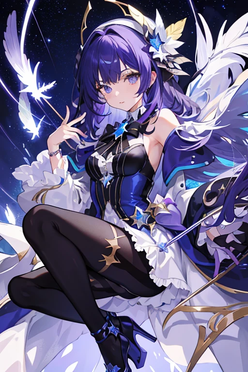((tmasterpiece:1.4,Best quality))++,(hyper-detailing)+,(Best quality,hyper-detailing,vibrant with colors,rich colourful,dynamic angle,hight contrast:1.2),one-girl,Height about 158cm ,The left eye wears a dark purple eyepatch ,Alone, Collar, As estrelas (symbol), long whitr hair, Long blue-purple hair, Shawl hair,blue purple starry sky eyes, shinning eyes, jewely,M bangs, Blue, purple, black and pink dress,cropped shoulders,longer sleeves,European,There are ear feathers behind the ears,The bird,Secondary disease, The landscape, nigh sky, As estrelas (Skysky), starrysky, the night, En plein air, clouds, Reflectors, tarot cards,((Beautiful golden crystal star))beautiful silver stars, the space, flatchest,Black pantyhose(There are stars on it),Blue and purple high heels(short high heels),Wearing black fingerless gloves,blue purple cloak(Brilliant,posh,star motif),Holding a blue-purple bow and arrow in his hand(Decorated with stars,hyper-detailing),Draw the whole body,Fashionab, with dynamism, garments, posing on a, frontage, rich colourful, dyna, Background with, element in, self-assured, Expressing the, statement, fittings, A majestic, coil, Runt, Scenes, Cover of a, boldness, attention-grabbing,Fashionab, typeface, Catchy, attention-grabbing, modern day, Fashionab, focal, Fashionab,delicated face,exquisite facial features,