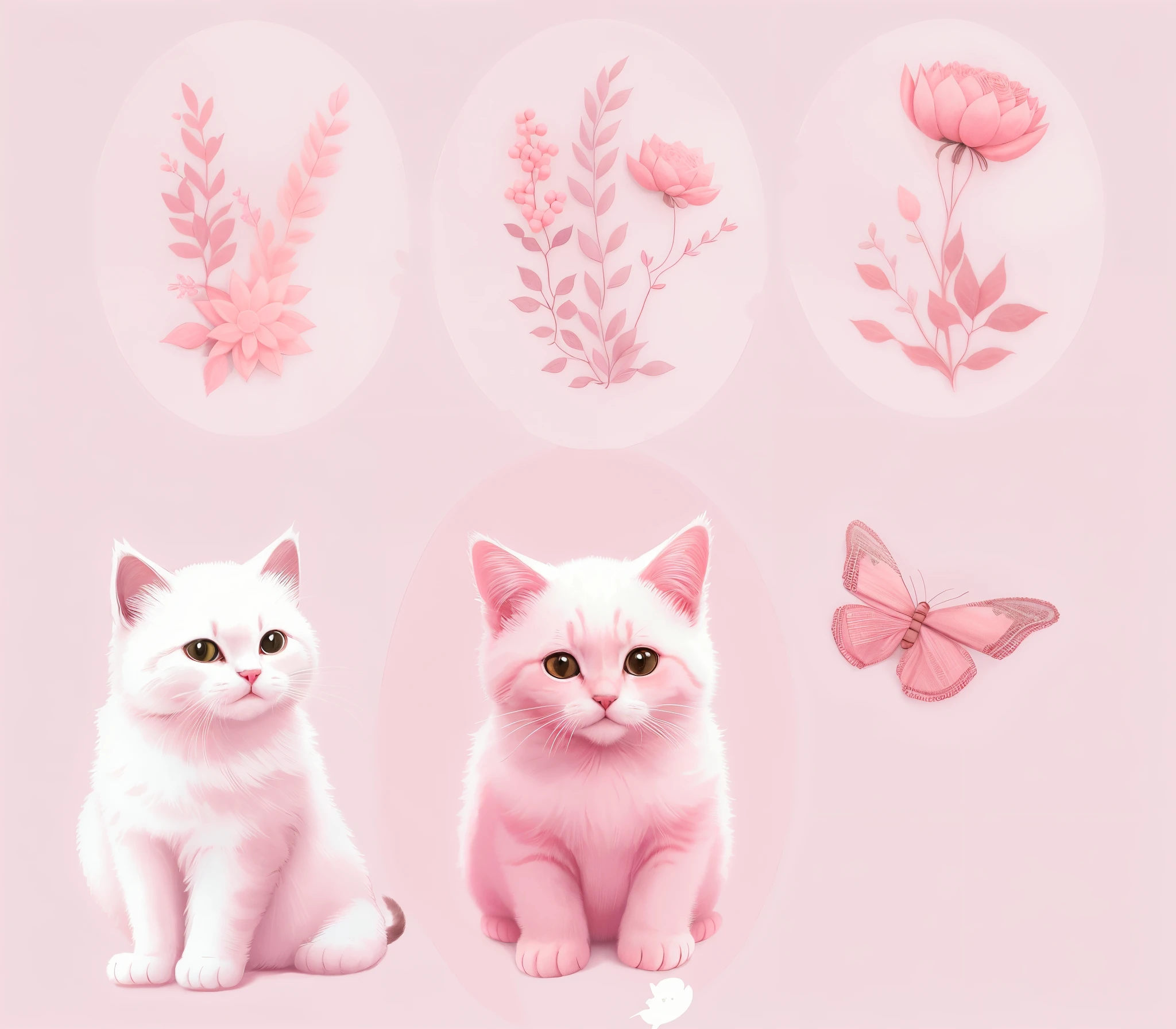 existem quatro fotos diferentes de um gato e uma borboleta, gatos bonitos, arte digital bonito, GatosGatosGatos, Gatos, painting digital adorable, fundo cor-de-rosa, Gato. pintura digital, arte digital detalhada bonito, design do gato, rosa pastel, tons de rosa, gato detalhado, gatinhos bonitos, gatinho, tonalidades rosa claro, Gatinhos, Gato, lindo e bonito