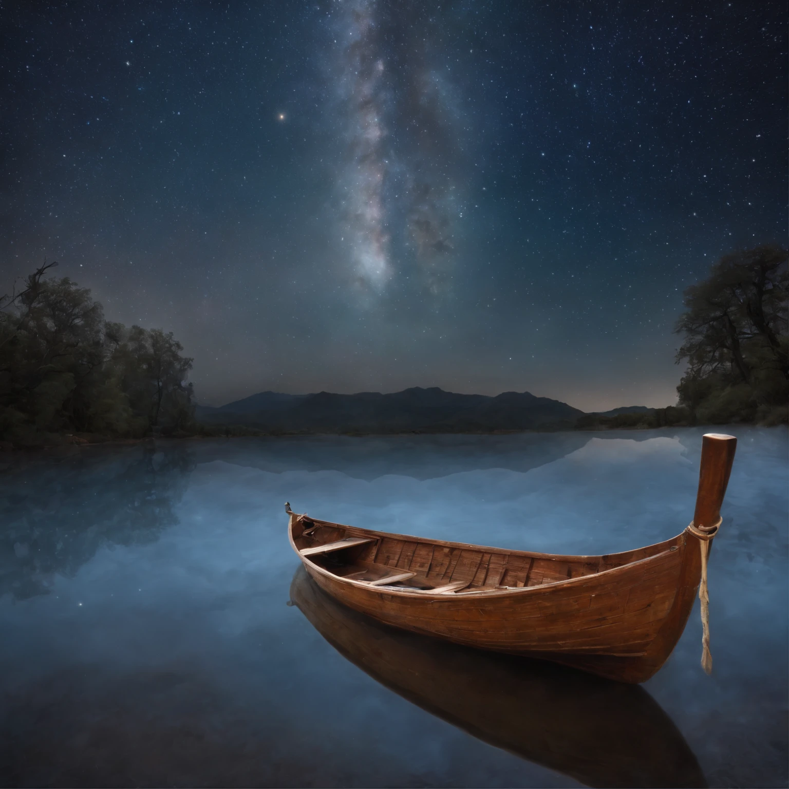 "In the beginning God created the heavens and the earth. And darkness was upon the face of the deep, and the Spirit of God moved upon the waters. Then God said, Let there be light, and there was light."
A mesmerizing sky of stars, gazing intensely into the void, shimmering like the first light of creation. Beneath lies the surface of the waters, the deep from which land shall emerge. The Spirit of the Lord moves across this primeval sea, immense and unknowable as the firms of heaven.
To the right a simple wooden boat bobs atop the waters, steadied by a bearded man gazing upward, witnessing the majesty of the lights above. His eyes reflect the glimmering stars, three brighter spheres presiding over galaxies of celestial fires.
To the left a great winged creature takes shape amongst the constellations, as if the Creator has etched its flowing form into the very arrangement of the night sky.
This scene evokes the awe and wonder of newly made world, when the Earth was without form, and all that had been made was the radiance above, the watchful deep, and the Spirit who moved between. We glimpse creation not yet completed, and marvel at its mystery and promise