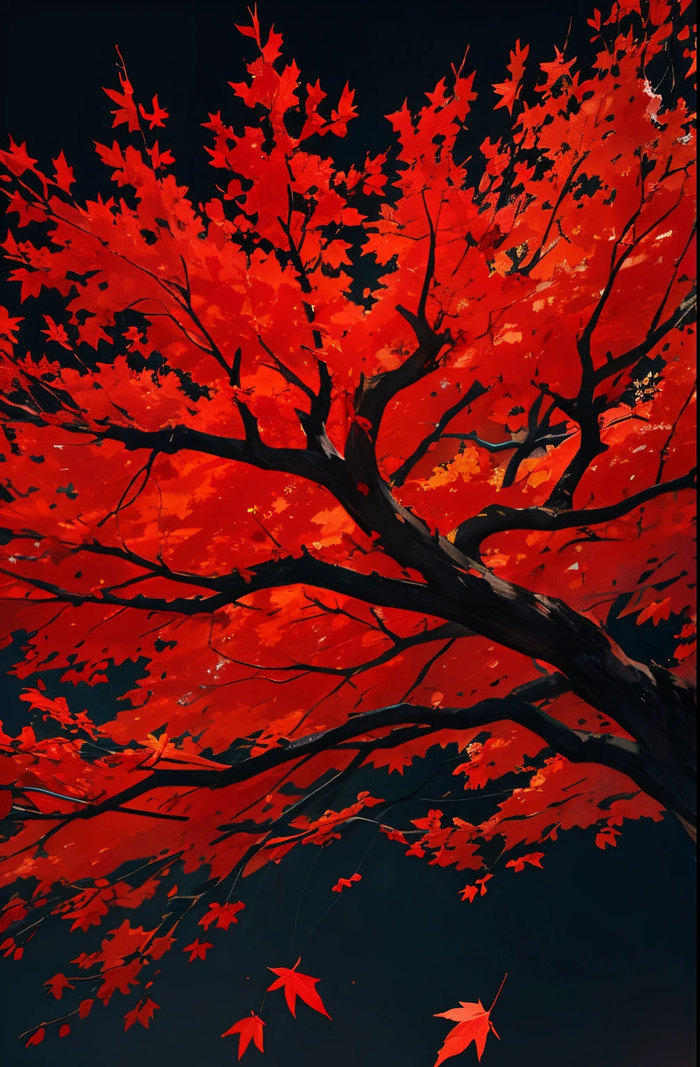 Black tree red leaves flowing in the wind, black background