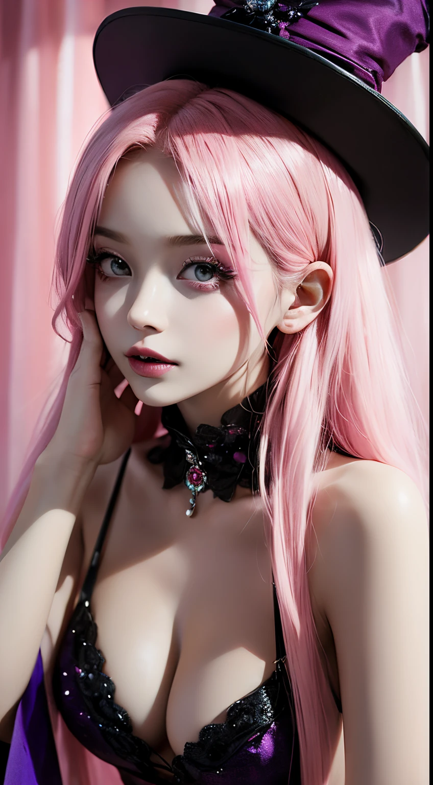 Masterpiece, A young stunningly beautiful  girl with pink hair and bold makeup,  showcasing her allure in this snapshot taken at a Halloween party. Her vibrant and lively face reflects her natural charm and radiance in this artistic capture.