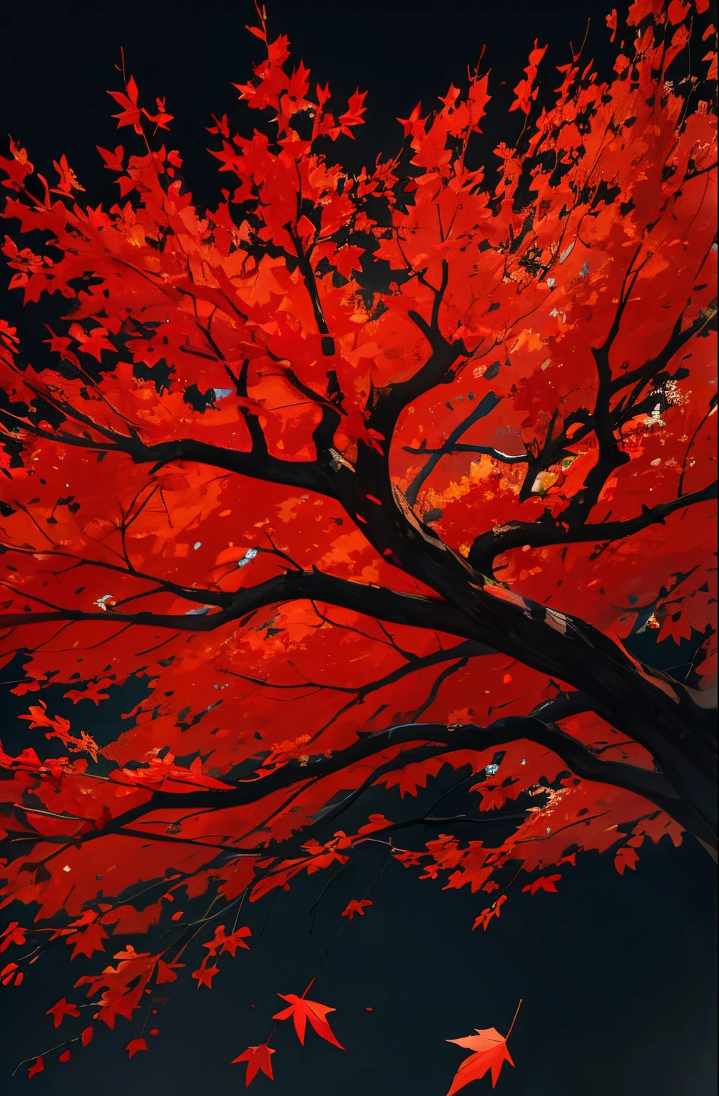 Black tree red leaves flowing in the wind, black background