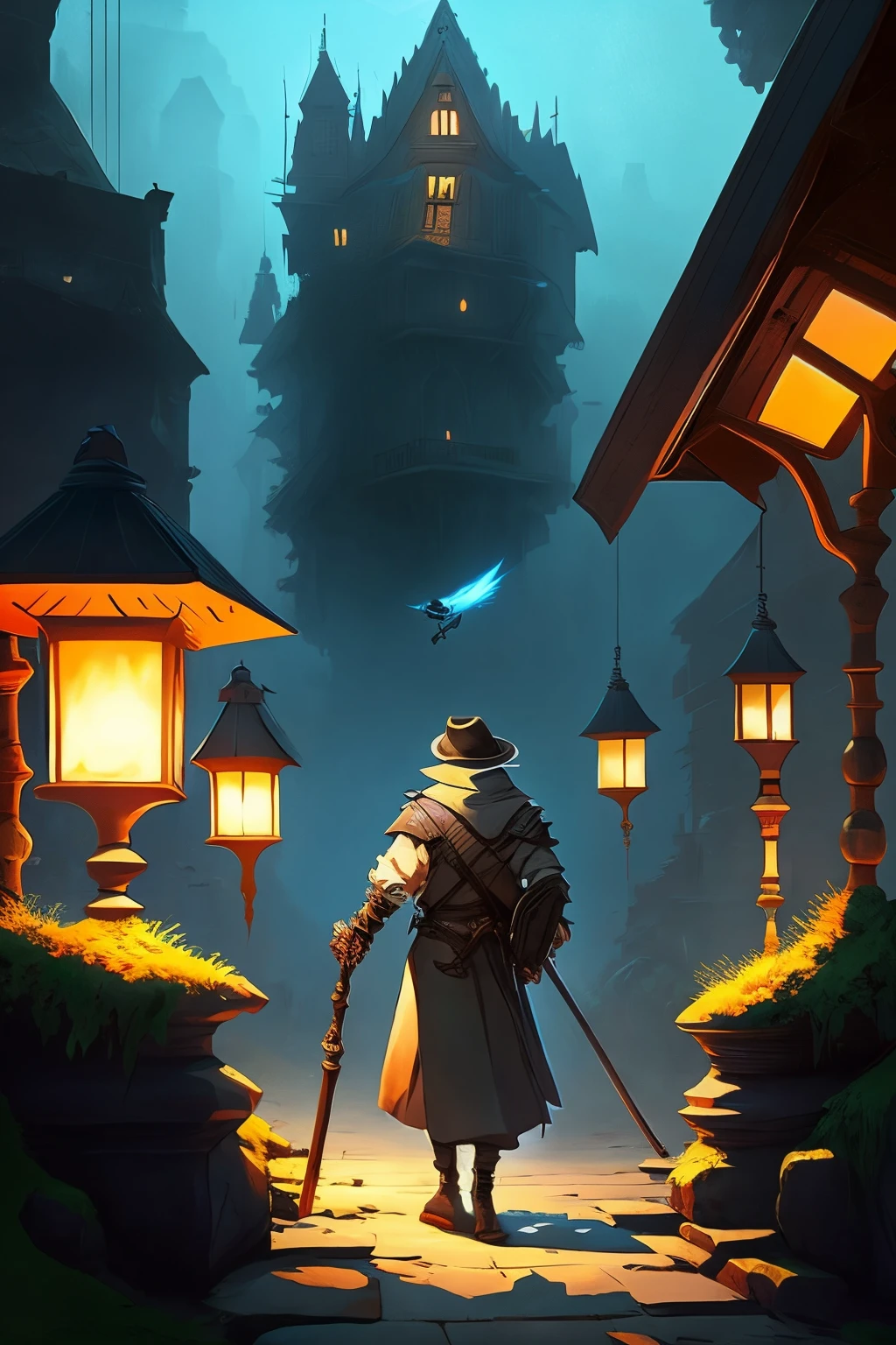 there's a man walking down the street with a stick, Arte no estilo de Guweiz, 2. 5 d cgi anime fantasia arte, arte conceitual de pintura digital, Silvain Sarrailh, Atey Ghailan 8 K, Makoto Shinkai Cirilo Rolando, feito com anime painter studio, inspirado por Carl Spitzweg, pintado como uma arte conceitual de jogo, lua de fundo, morcegos passando, richter Belmont, castlevania,