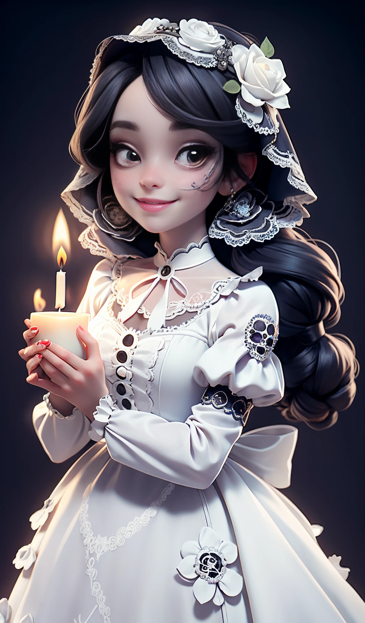 masterpiece, best quality, a girl smiling with sugar skull makeup, elegant victorian white dress, holding a candle