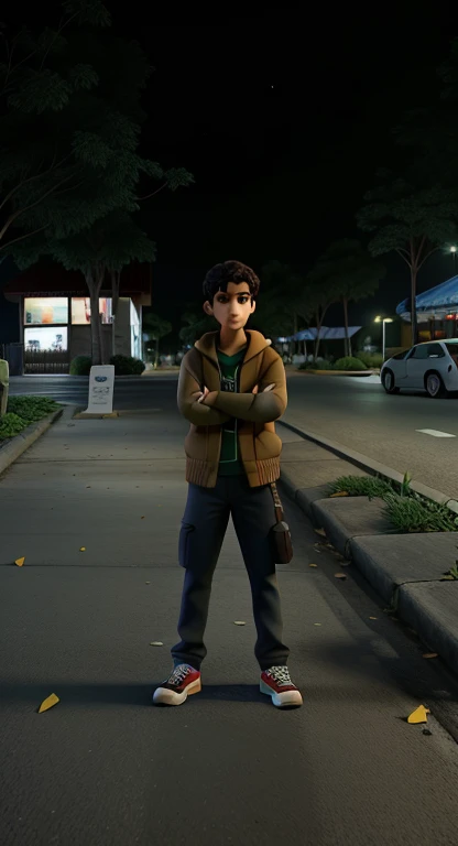 Um rapaz fardado a noite, on a sidewalk