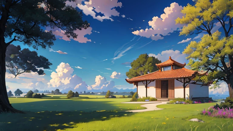 tmasterpiece, Best quality at best, A high resolution, scenecy, naturey, grassy, casa, daysies, Skysky, ​​clouds, Outdoor activities, (without humans), 电影灯光, professional shadow