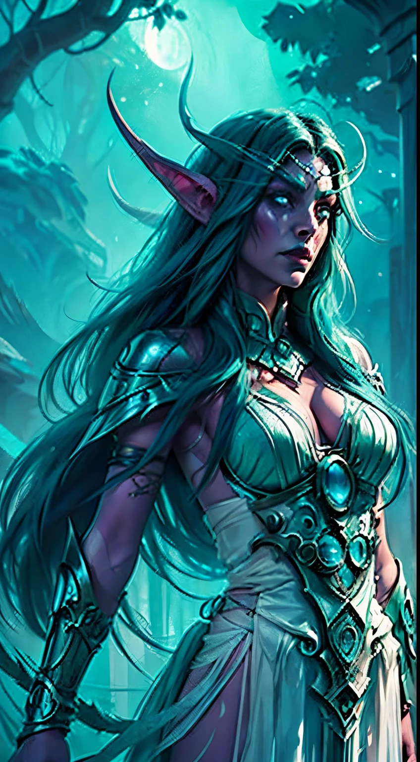 I apologize for the confusion. Thank you for the clarification. Here's a revised prompt for an illustration of Tyrande Whisperwind from Warcraft:

Create a 4K UHD illustration of Tyrande Whisperwind from Warcraft in a dynamic pose. The image should showcase a full-body view of the character in a 1.8:1 aspect ratio. Emphasize her elven beauty, featuring intense blue eyes, arched eyebrows, and a tanned skin tone. Tyrande should be portrayed wearing detailed armor and elven garments.

Place her in a captivating and atmospheric setting, such as an abandoned elven sanctuary in a dense forest. Incorporate a nighttime backdrop with a thunderstorm, complete with swirling mists and glowing elements. Tyrande should exude power, with swirling magical effects emanating from her hands, representing her connection to nature and the mystical.

Employ a painting style with a dark and mysterious tone, utilizing watercolor, charcoal, and pen & ink strokes to enhance the overall aesthetic. Ensure the image is of high quality, reaching 300dpi, and has a masterpiece quality. The composition should be such that Tyrande is looking directly into the viewer's eyes, capturing her strong and determined character.

Consider the overall design for a T-shirt, incorporating an aesthetic suitable for T-shirt design. The illustration should evoke the essence of Tyrande Whisperwind from Warcraft, showcasing her strength, beauty, and connection to the mystical world of Azeroth.